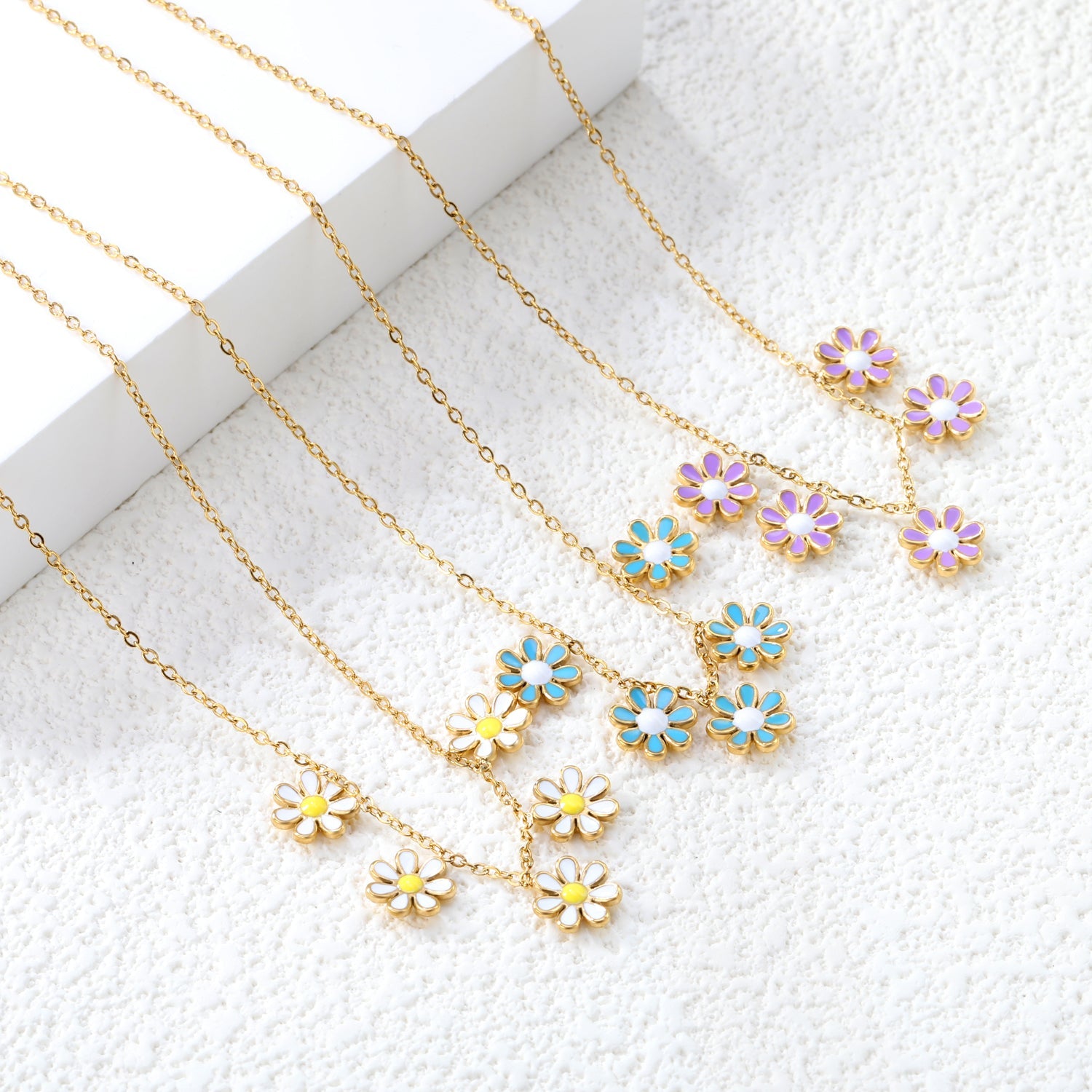 7.8mm six-petal flower white/purple/blue oil drip accessories 0.3 cross chain *40+5cm+6mm round plate necklace gold color asonjewelry